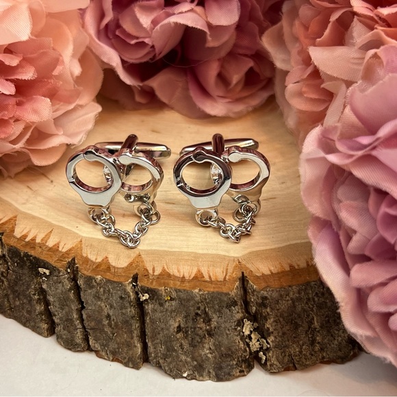 Silver Handcuff Cufflinks with Chain - Picture 2 of 14